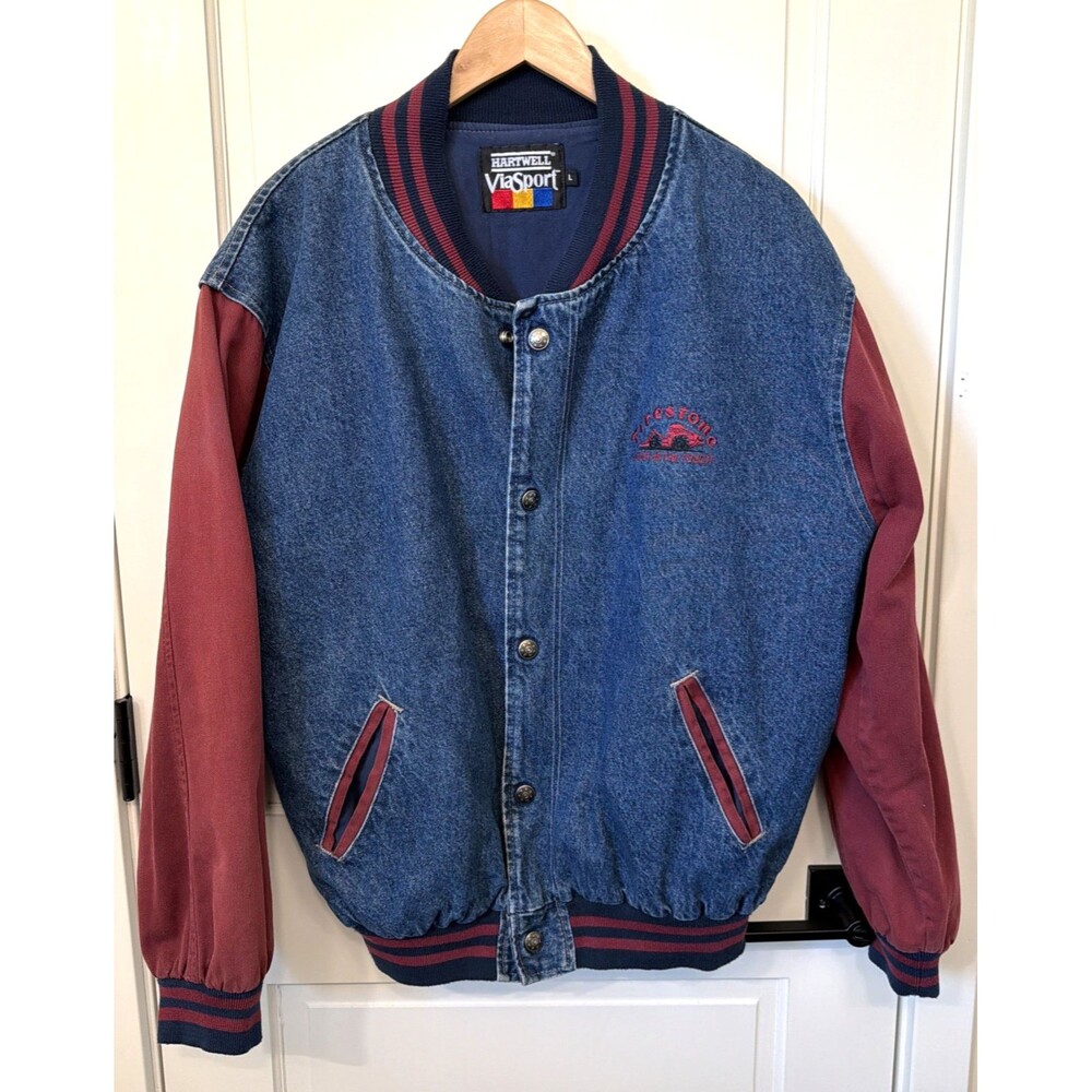 Vtg Hartwell ViaSport Firestone Maroon Blue Denim Jean Varsity Bomber Jacket L